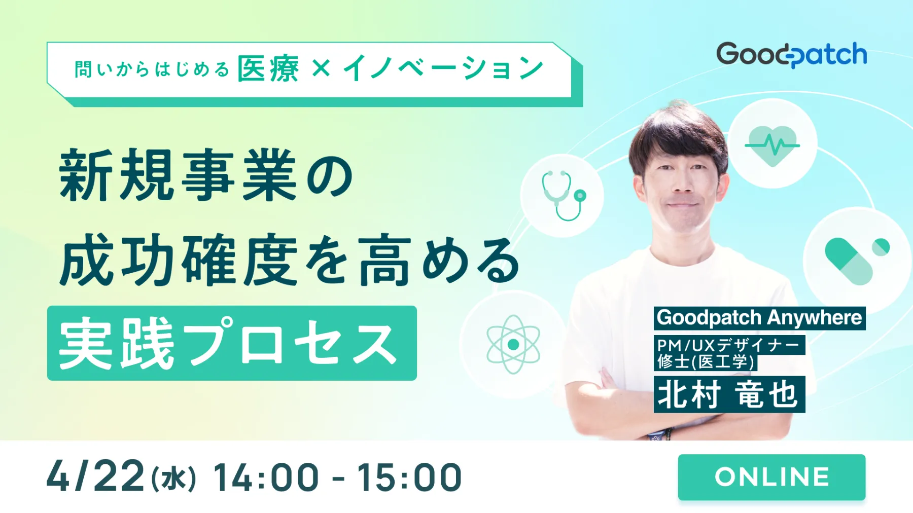 「問いからはじめる 医療 × イノベーション×AI　新規事業の成功確度を高める実践プロセス　」のウェビナーバナー