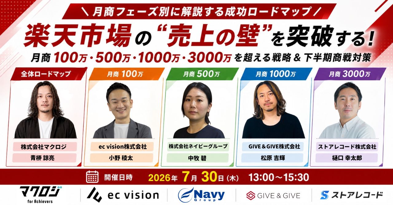 「＼月商フェーズ別に解説する成功ロードマップ／  楽天市場の“売上の壁”を突破する！ 月商100万・500万・1000万・3000万を超える戦略＆下半期商戦対策」のウェビナーバナー