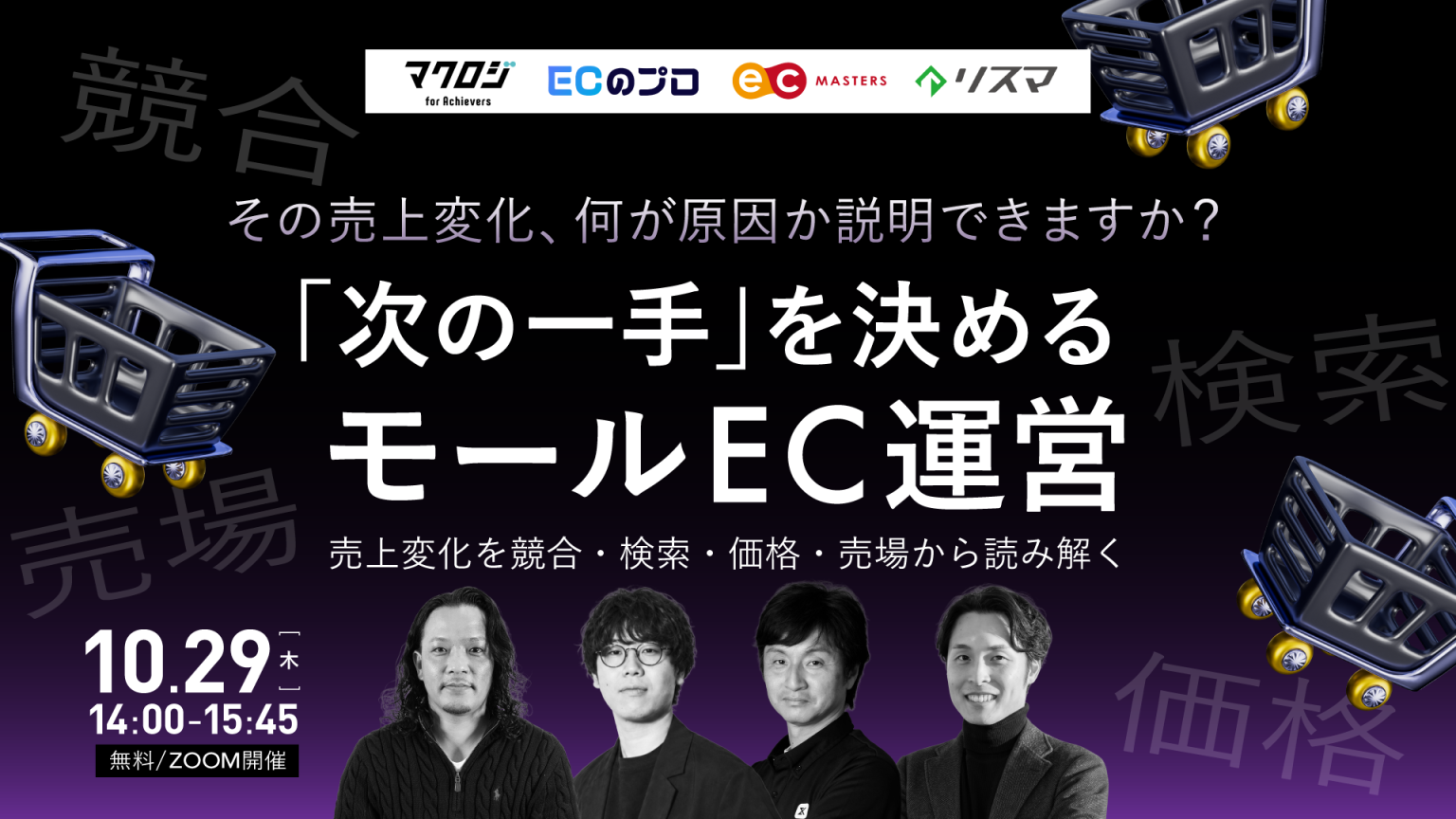 「「次の一手」を決めるモールEC運営 ― 売上変化を、競合・検索・価格・売場から読み解く ―」のウェビナーバナー